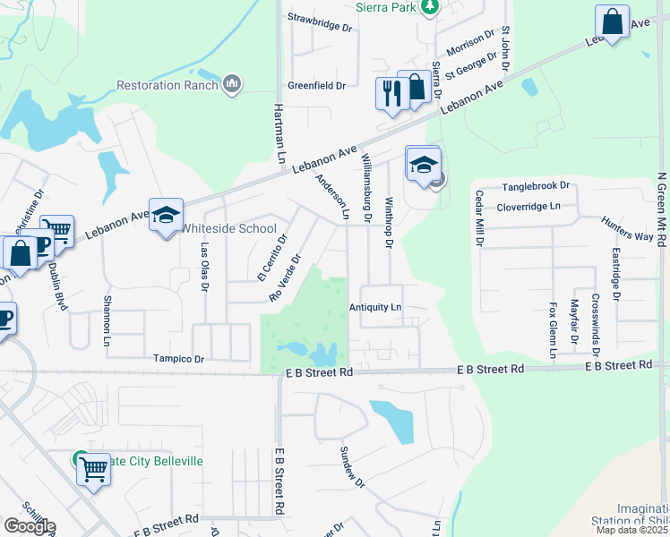 map of restaurants, bars, coffee shops, grocery stores, and more near 223 Anderson Lane in Belleville