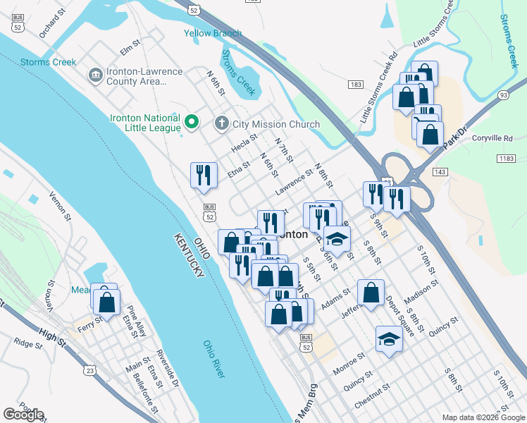 map of restaurants, bars, coffee shops, grocery stores, and more near 221 North 5th Street in Ironton