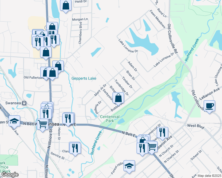 map of restaurants, bars, coffee shops, grocery stores, and more near 205 Britanna Drive in Swansea
