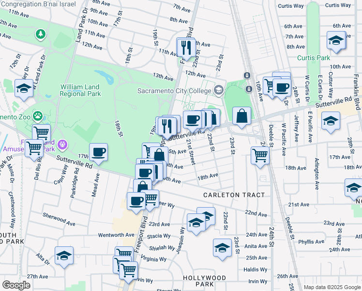 map of restaurants, bars, coffee shops, grocery stores, and more near 2076 Sutterville Road in Sacramento