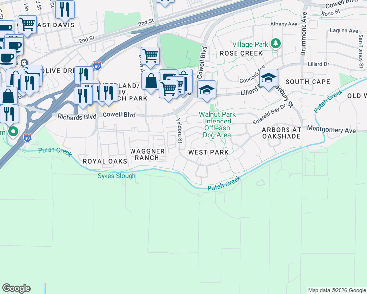map of restaurants, bars, coffee shops, grocery stores, and more near 2251 La Mesa Court in Davis