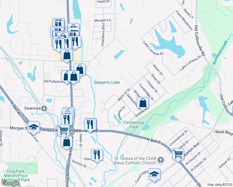 map of restaurants, bars, coffee shops, grocery stores, and more near 322 Marla Kay Drive in Swansea