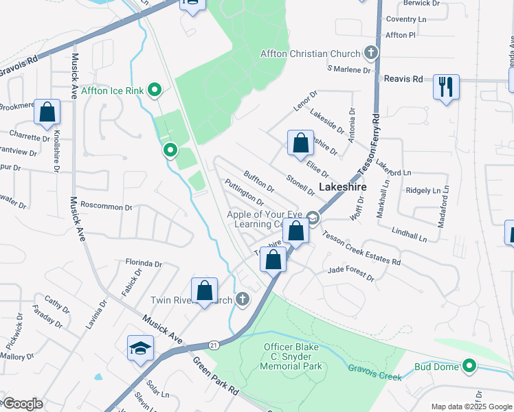 map of restaurants, bars, coffee shops, grocery stores, and more near 10060 Puttington Drive in Saint Louis