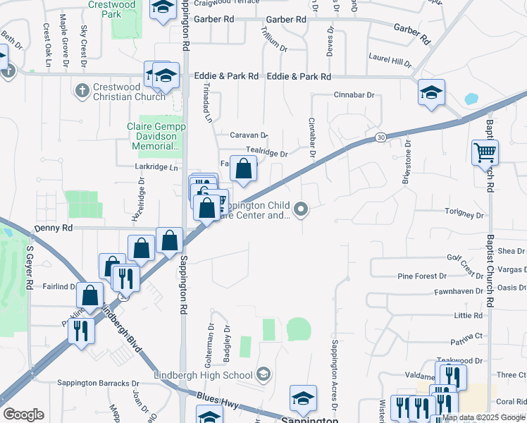 map of restaurants, bars, coffee shops, grocery stores, and more near 11426 Gravois Road in Sappington