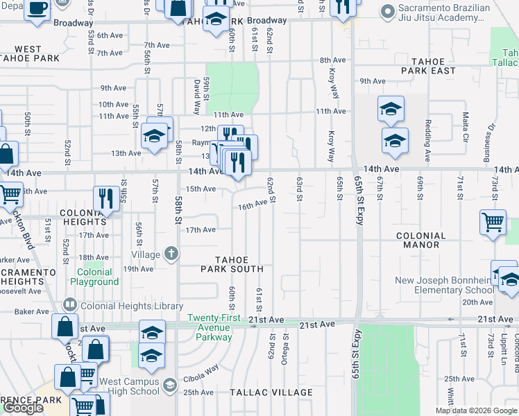 map of restaurants, bars, coffee shops, grocery stores, and more near 5413 61st Street in Sacramento