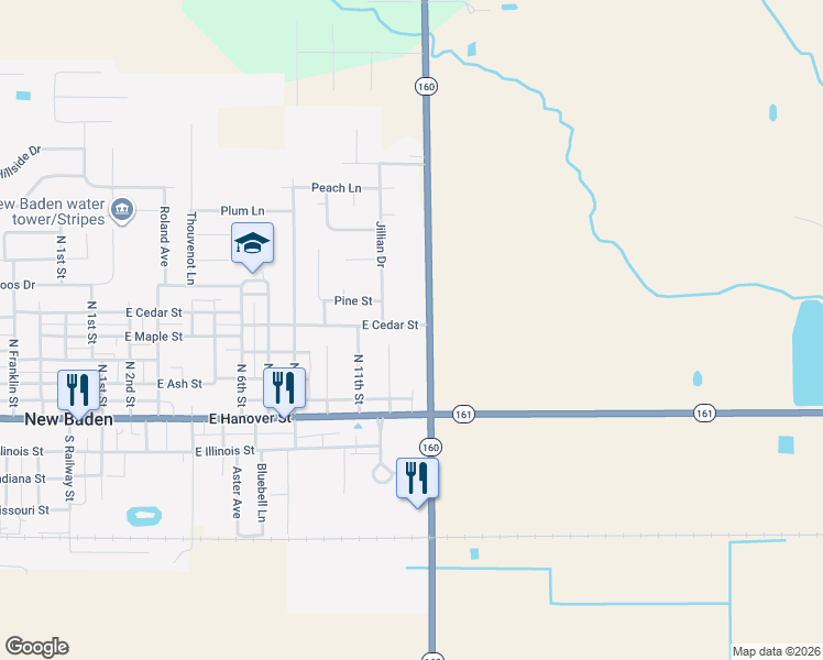map of restaurants, bars, coffee shops, grocery stores, and more near 1219 East Cedar Street in New Baden