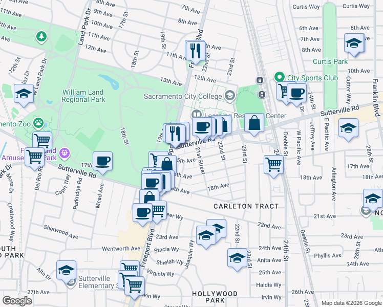 map of restaurants, bars, coffee shops, grocery stores, and more near 2065 15th Avenue in Sacramento