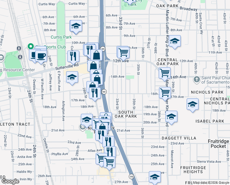 map of restaurants, bars, coffee shops, grocery stores, and more near 4016 33rd Street in Sacramento