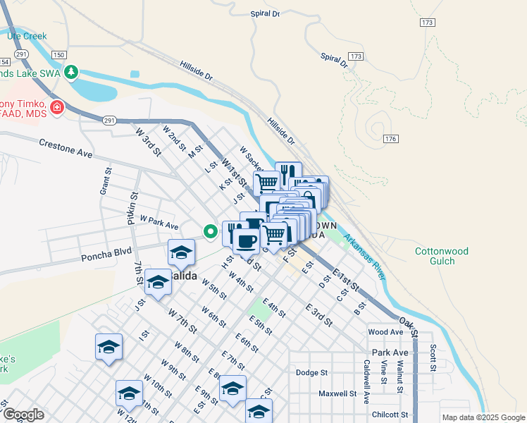 map of restaurants, bars, coffee shops, grocery stores, and more near 417 West 1st Street in Salida