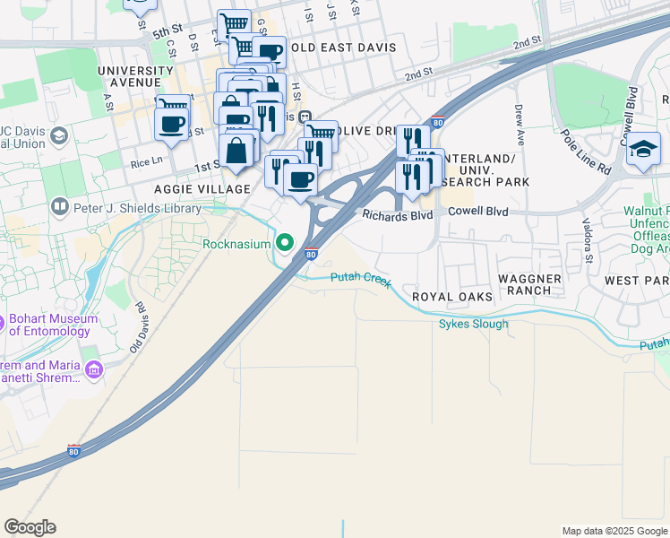 map of restaurants, bars, coffee shops, grocery stores, and more near 950 West Chiles Road in Davis