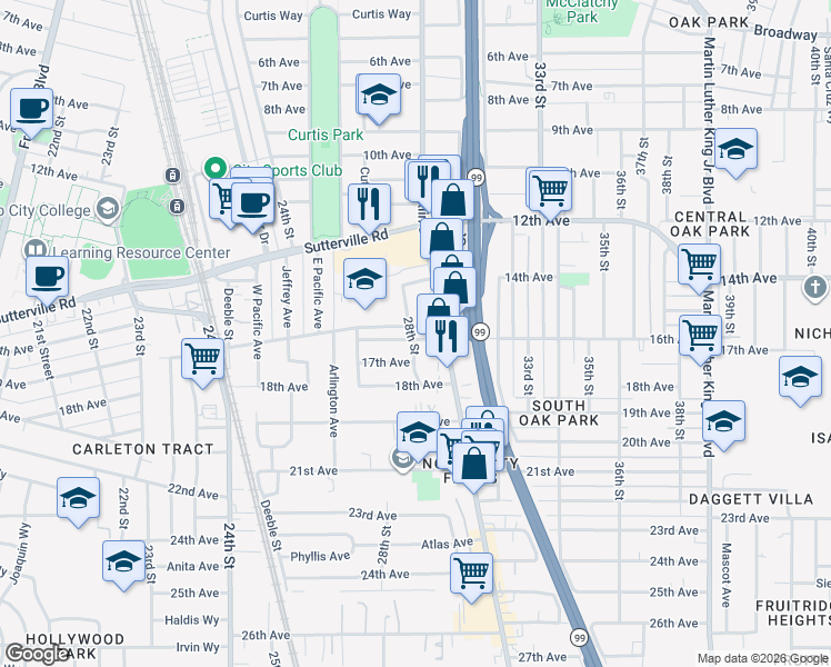 map of restaurants, bars, coffee shops, grocery stores, and more near 2905 16th Avenue in Sacramento