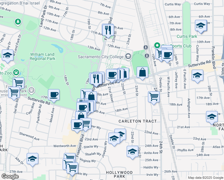 map of restaurants, bars, coffee shops, grocery stores, and more near 2076 Sutterville Road in Sacramento