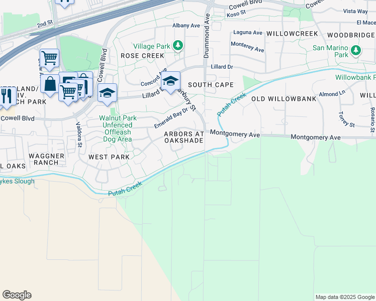 map of restaurants, bars, coffee shops, grocery stores, and more near 1517 Gateway Court in Davis