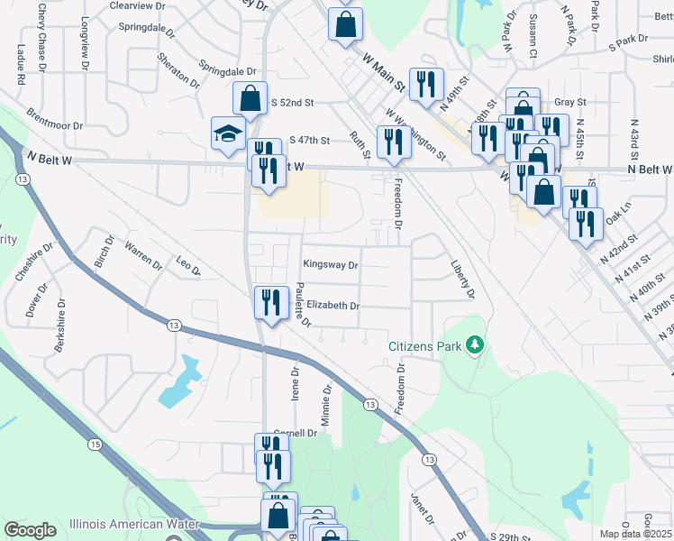 map of restaurants, bars, coffee shops, grocery stores, and more near 117 Kingsway Drive in Belleville