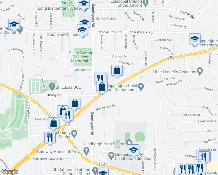 map of restaurants, bars, coffee shops, grocery stores, and more near 9862 Aleppo Drive in Sappington