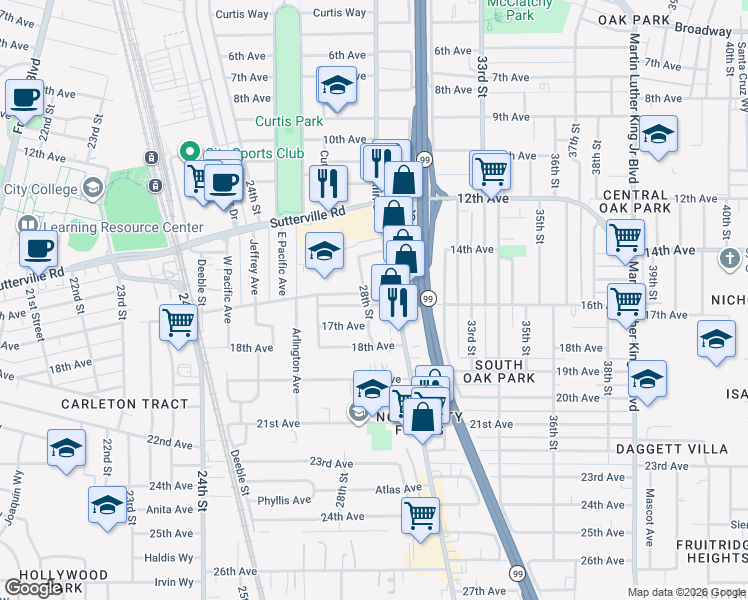 map of restaurants, bars, coffee shops, grocery stores, and more near 2905 16th Avenue in Sacramento