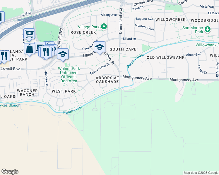 map of restaurants, bars, coffee shops, grocery stores, and more near 1517 Gateway Court in Davis