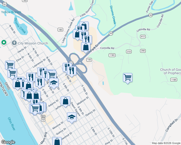 map of restaurants, bars, coffee shops, grocery stores, and more near 201 Township Road 143 in Ironton
