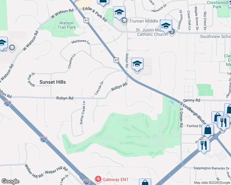 map of restaurants, bars, coffee shops, grocery stores, and more near 12234 Robyn Road in St. Louis