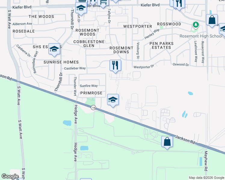 map of restaurants, bars, coffee shops, grocery stores, and more near 4512 Harlin Drive in Sacramento