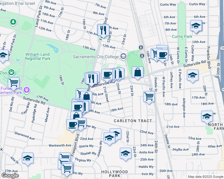 map of restaurants, bars, coffee shops, grocery stores, and more near 2117 15th Avenue in Sacramento