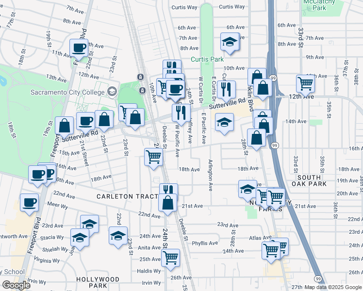 map of restaurants, bars, coffee shops, grocery stores, and more near 3851 West Pacific Avenue in Sacramento