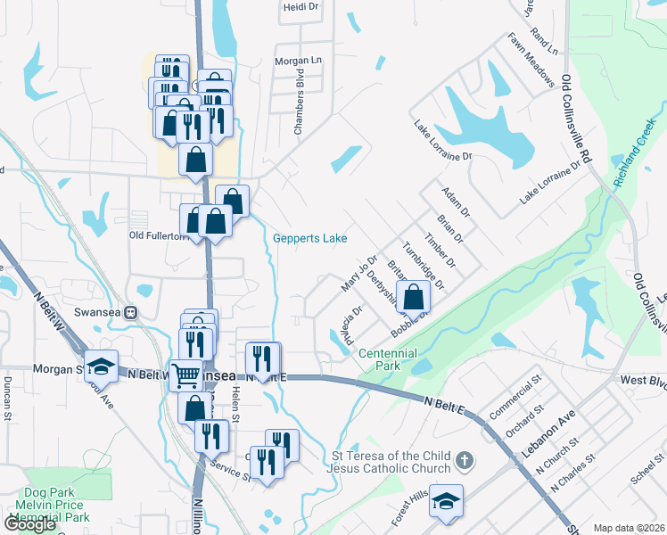map of restaurants, bars, coffee shops, grocery stores, and more near 322 Marla Kay Drive in Swansea
