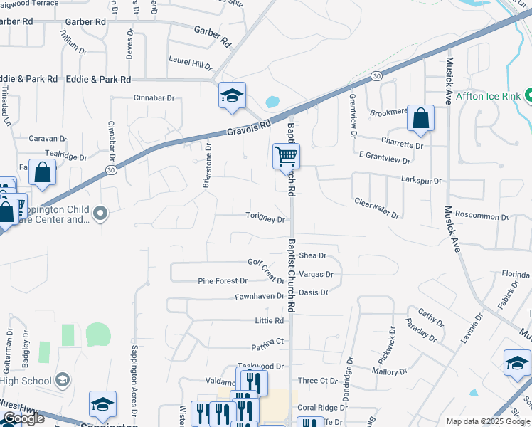 map of restaurants, bars, coffee shops, grocery stores, and more near 11025 Torigney Drive in Sappington
