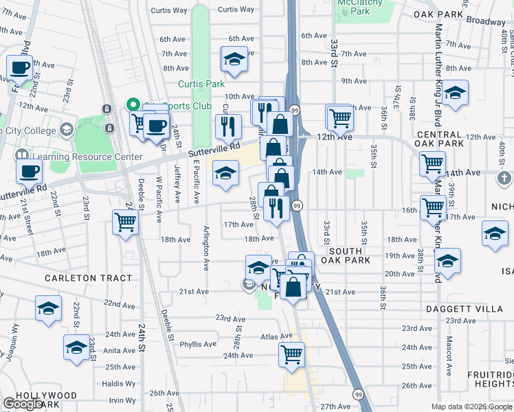 map of restaurants, bars, coffee shops, grocery stores, and more near 2905 16th Avenue in Sacramento