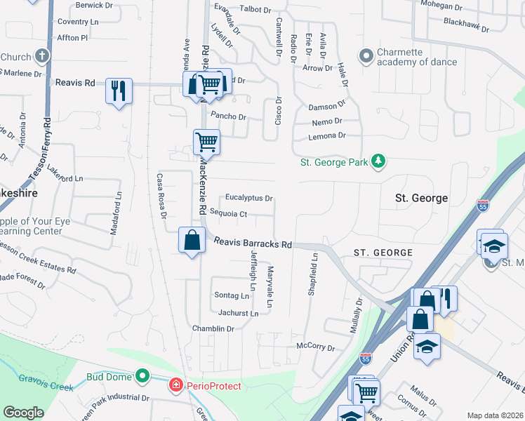 map of restaurants, bars, coffee shops, grocery stores, and more near 9909 Lacewood Drive in Affton