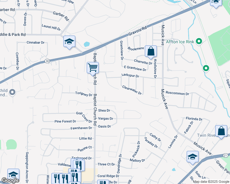 map of restaurants, bars, coffee shops, grocery stores, and more near 9963 Clearwater Drive in Saint Louis
