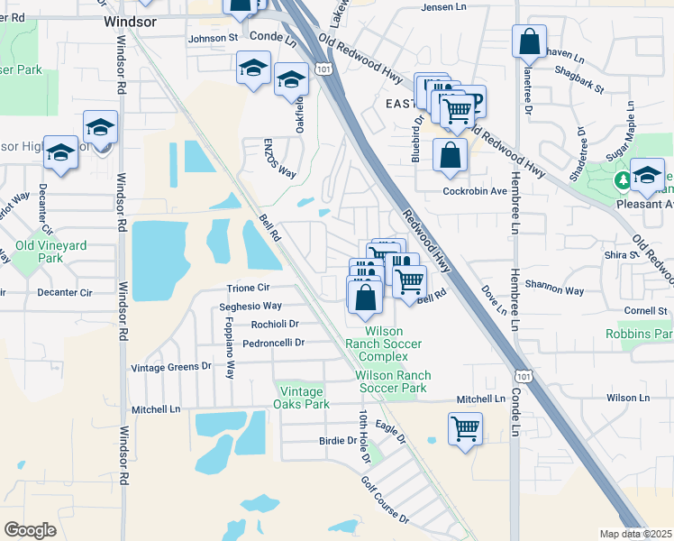 map of restaurants, bars, coffee shops, grocery stores, and more near 1043 Maple Drive in Windsor
