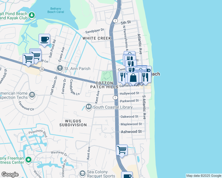 map of restaurants, bars, coffee shops, grocery stores, and more near 306 Garfield Parkway in Bethany Beach