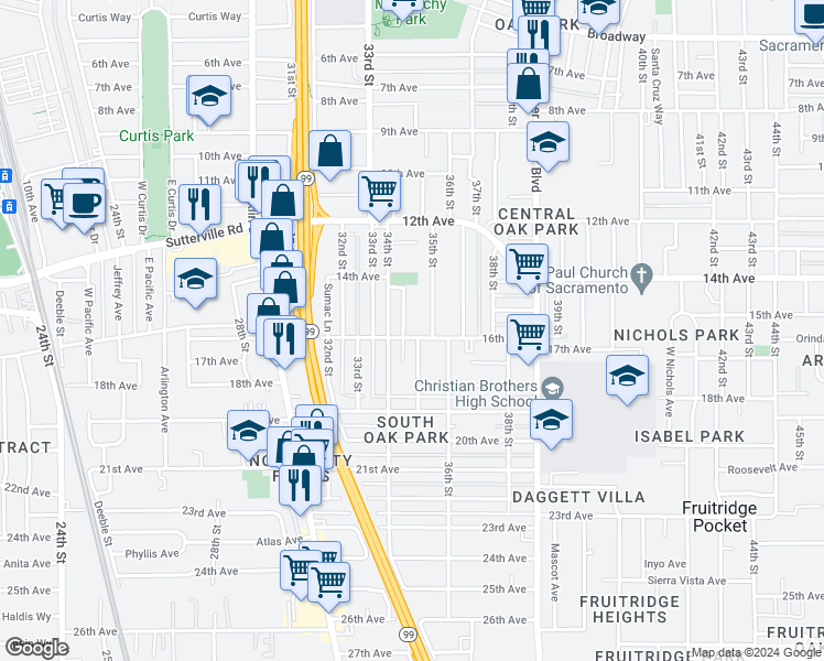 map of restaurants, bars, coffee shops, grocery stores, and more near 4055 Temple Ave in Sacramento
