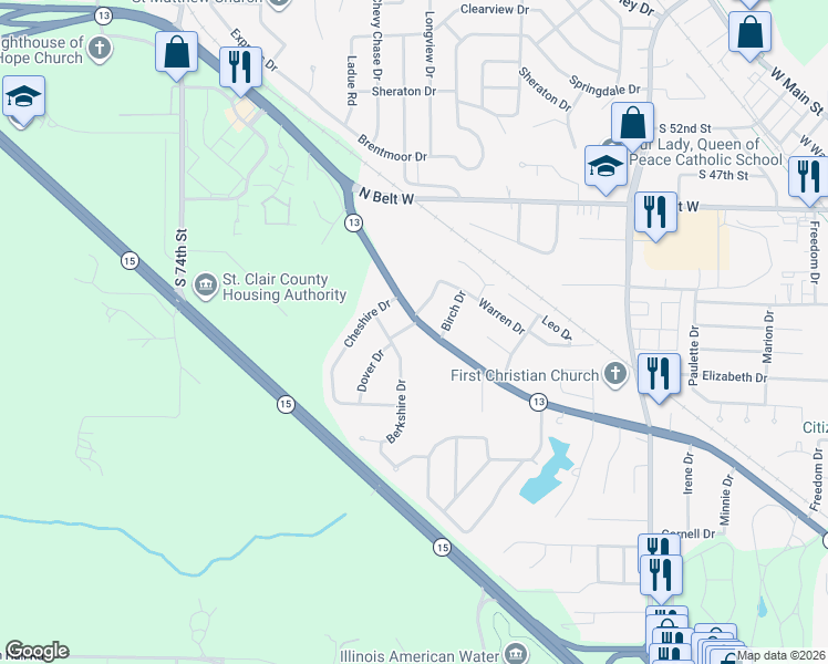 map of restaurants, bars, coffee shops, grocery stores, and more near 2 Dover Drive in Belleville