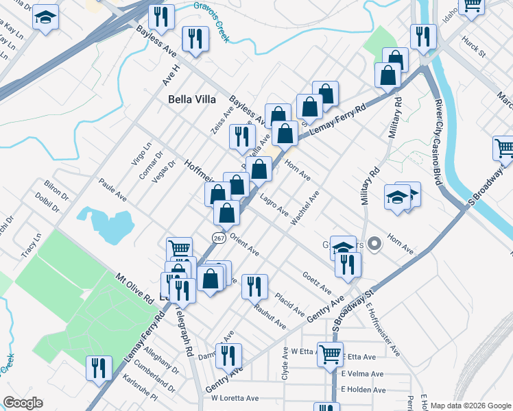 map of restaurants, bars, coffee shops, grocery stores, and more near 909 Hoffmeister Ave in St Louis