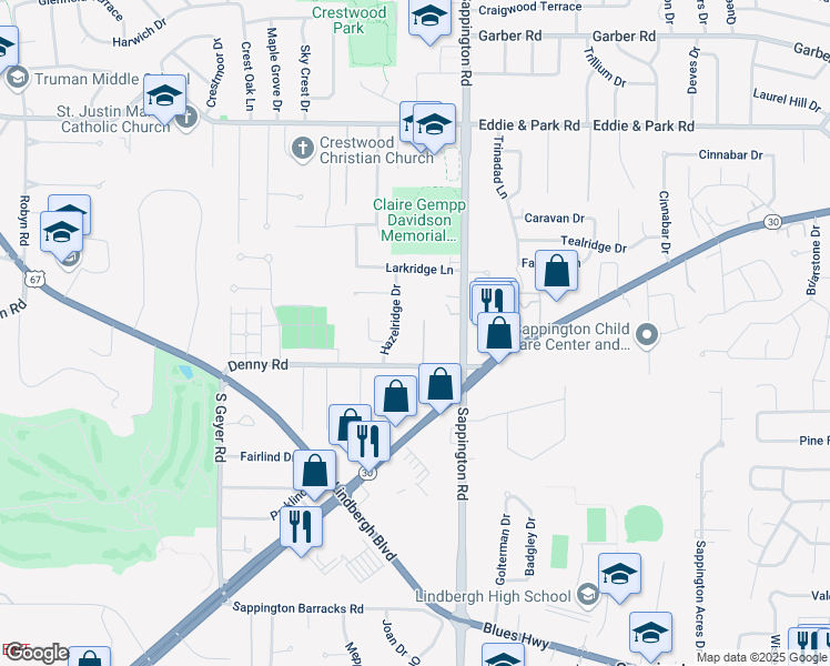 map of restaurants, bars, coffee shops, grocery stores, and more near 9362 Hazelridge Drive in St. Louis