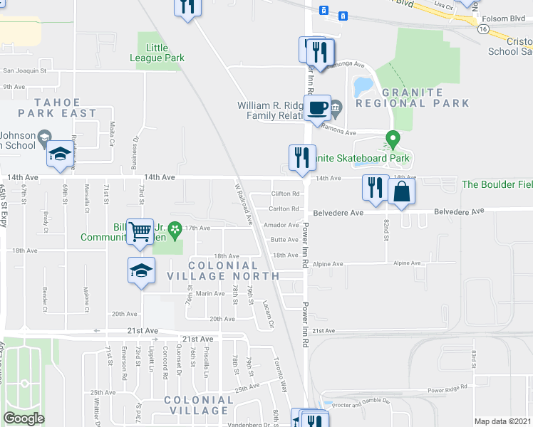 map of restaurants, bars, coffee shops, grocery stores, and more near 7918 Carlton Road in Sacramento