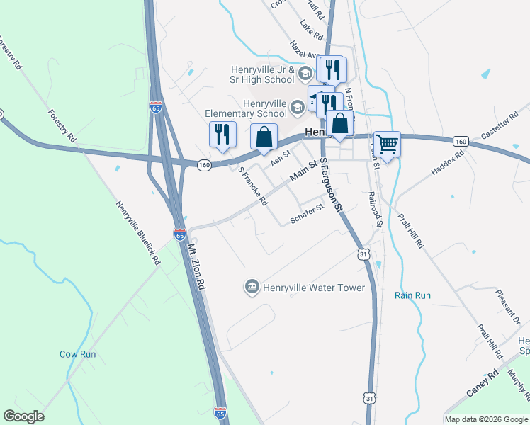 map of restaurants, bars, coffee shops, grocery stores, and more near 303 North Francke Road in Henryville