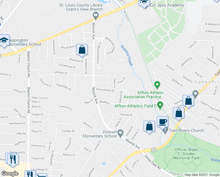 map of restaurants, bars, coffee shops, grocery stores, and more near 10511 Roscommon Drive in St. Louis