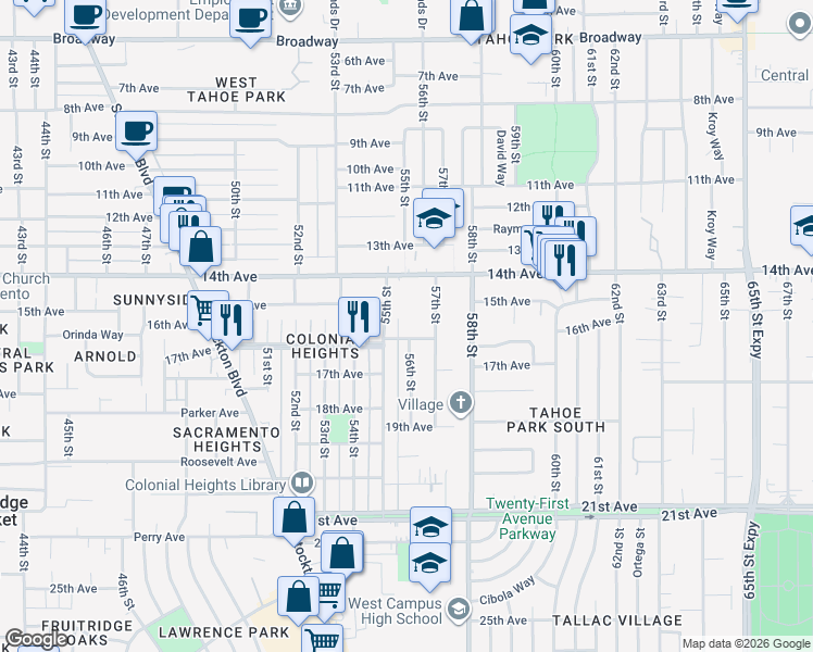 map of restaurants, bars, coffee shops, grocery stores, and more near 4021 55th Street in Sacramento