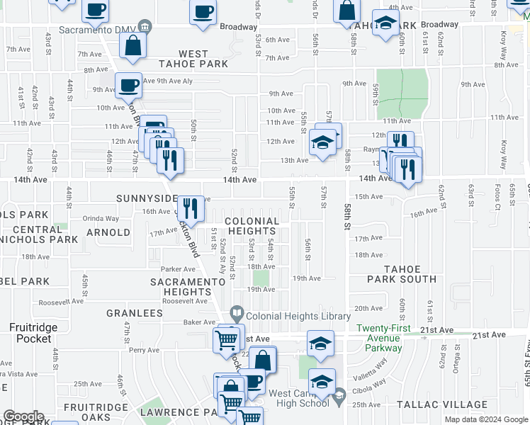 map of restaurants, bars, coffee shops, grocery stores, and more near 401 54th Street in Sacramento