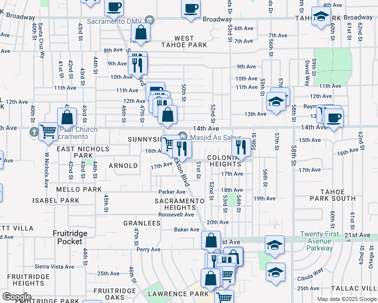 map of restaurants, bars, coffee shops, grocery stores, and more near 4017 50th Street in Sacramento
