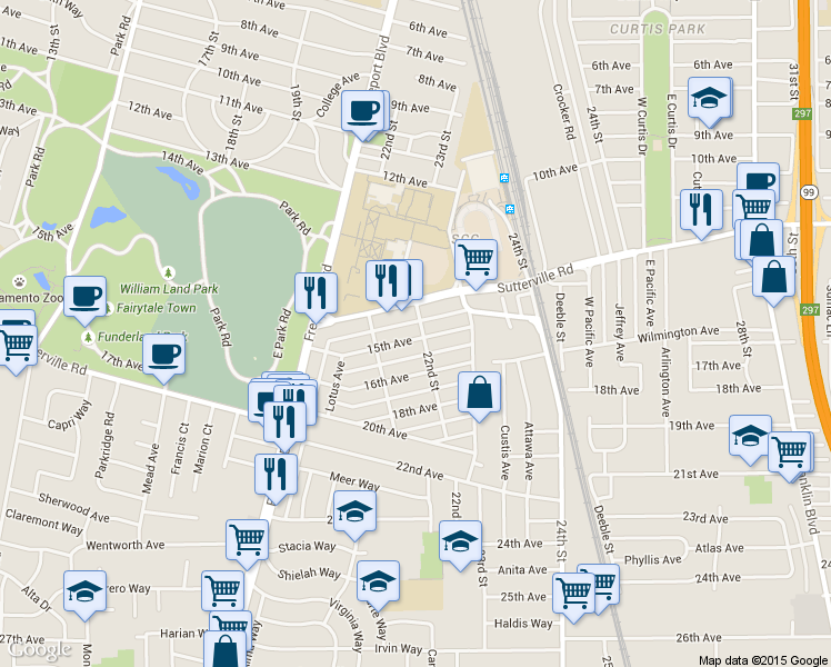 map of restaurants, bars, coffee shops, grocery stores, and more near 2117 15th Avenue in Sacramento