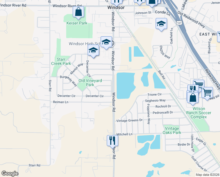 map of restaurants, bars, coffee shops, grocery stores, and more near 728 Decanter Circle in Windsor