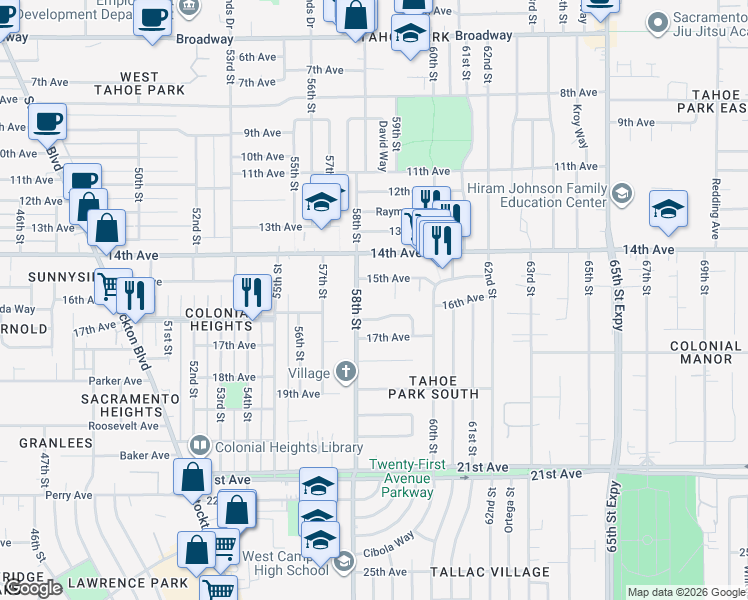 map of restaurants, bars, coffee shops, grocery stores, and more near 4113 58th Street in Sacramento