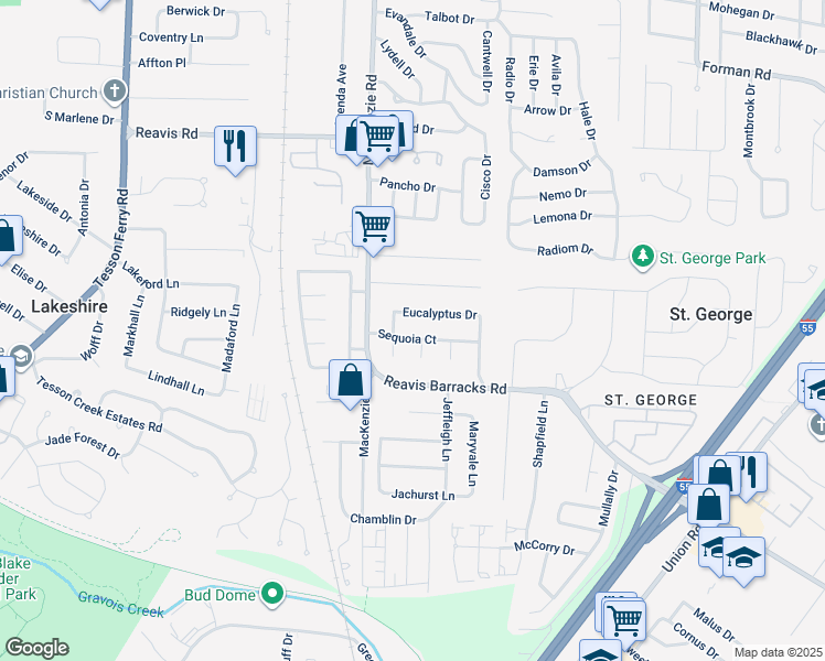 map of restaurants, bars, coffee shops, grocery stores, and more near 9906 Live Oak Court in Affton