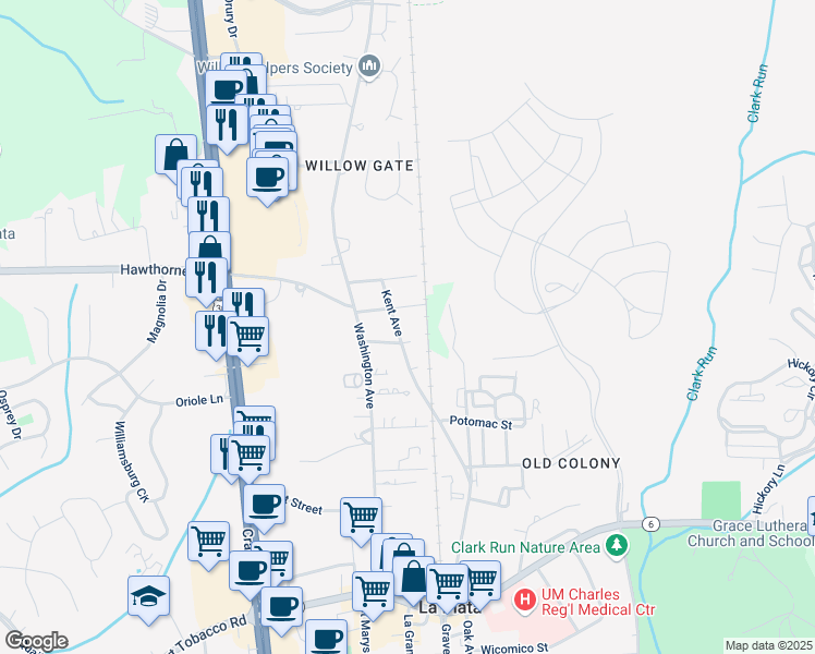map of restaurants, bars, coffee shops, grocery stores, and more near 602 Kent Avenue in La Plata
