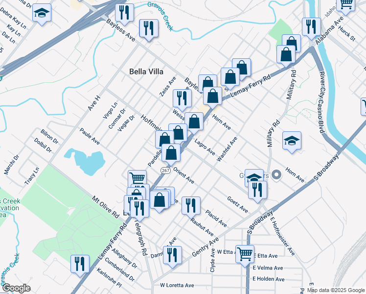 map of restaurants, bars, coffee shops, grocery stores, and more near Lemay Ferry Rd & Hoffmeister Ave in St. Louis