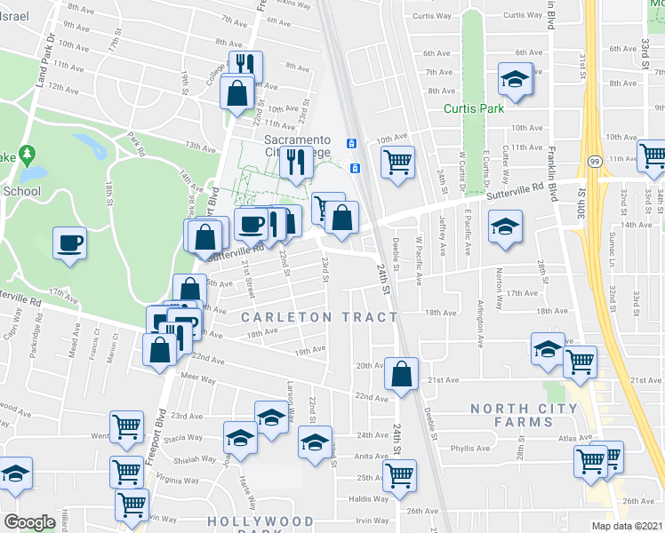 map of restaurants, bars, coffee shops, grocery stores, and more near 4105 23rd Street in Sacramento